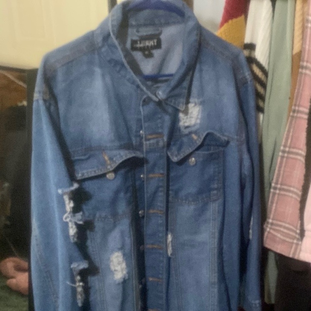 Thrill Jeans Denim Distressed Long Jacket